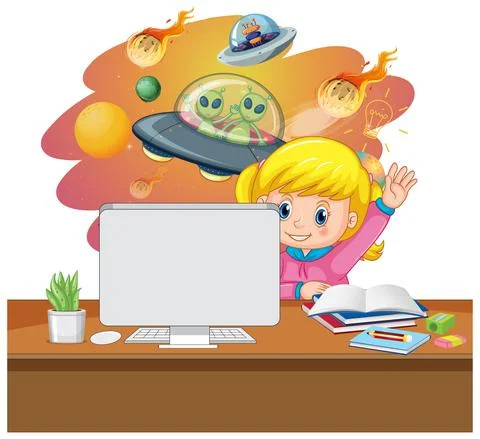 A girl study in front of computer Illustrazione stock