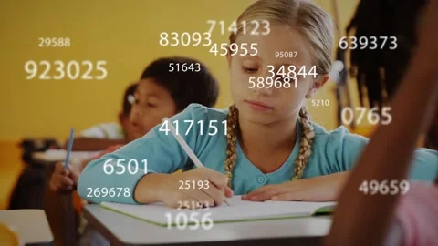 Girl studying in classroom, activating numeric overlays swirling then receding Stock-Footage 320127698