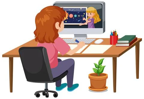 A girl studying online on computer Stock Illustration