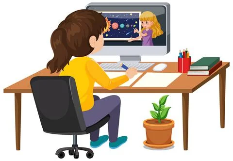 A girl studying online on computer Stock Illustration