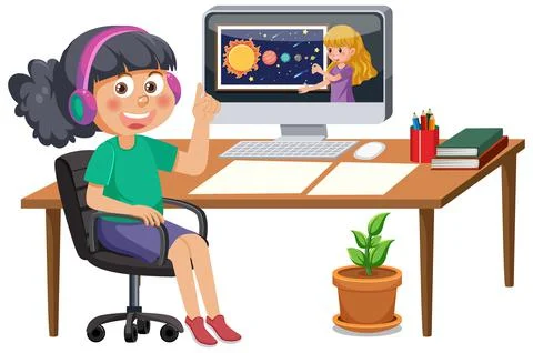 A girl studying online on computer Stock Illustration