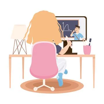 Girl Studying Online Using Computer, View from Behind, Distance Lesson Illustrazione stock