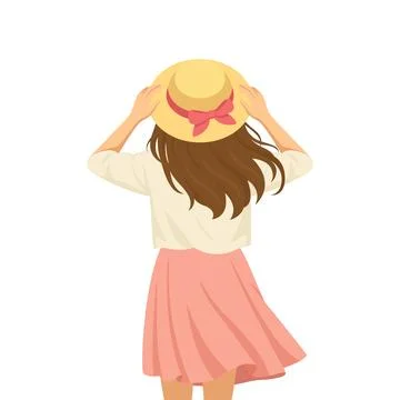 Girl in Summer Hat from Back View, Vector Illustration. Woman Walking with Long Stock Illustration