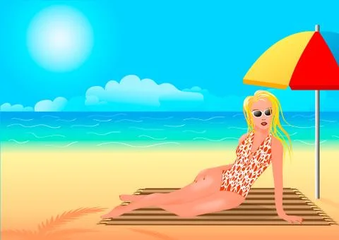 The girl sunbathes on the beach under an umbrella Stock Illustration