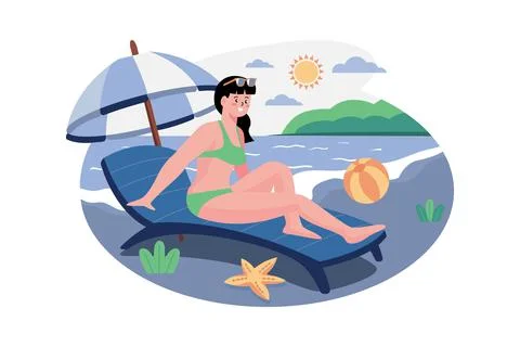 Girl Sunbathing At The Beach Stock Illustration