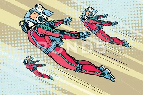 Girl superhero flying in a futuristic space suit Stock Illustration