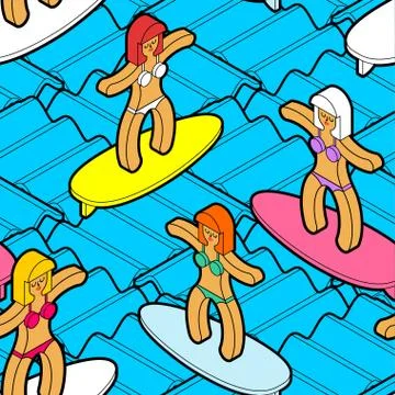 Girl on surfboard on wave pattern seamless. Woman Surfer background. vector t Stock Illustration