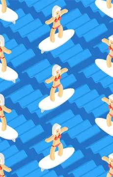 Girl on surfboard on wave pattern seamless. Woman Surfer background. vector t Stock Illustration