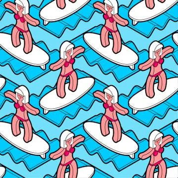 Girl on surfboard on wave pattern seamless. Woman Surfer background. vector t Illustrazione stock