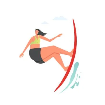 Girl surfing the wave, vector flat style design illustration Stock Illustration