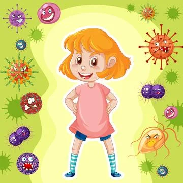 A girl surrounded by germs background Stock Illustration