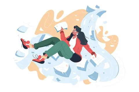 Girl surrounded with pile of documents Stock Illustration