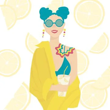 Girl in swimsuit and sunglasses with turquoise hair holds a glass of lemonade. Stock Illustration