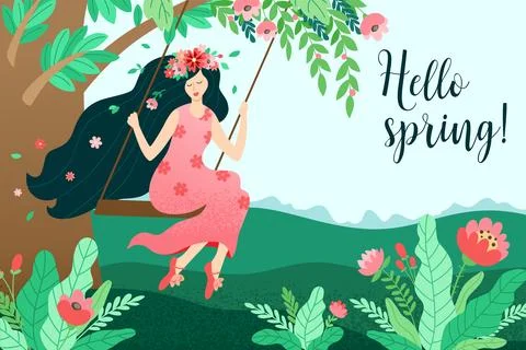 Girl on a swing in spring. Stock Illustration