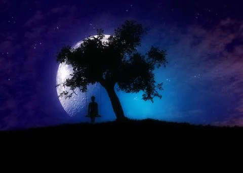 Girl on swing under tree at night Stock Illustration