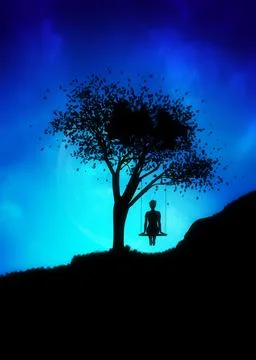 Girl on swing under tree at night Stock Illustration