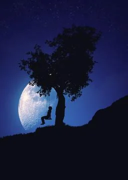 Girl on swing under tree at night Stock Illustration