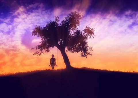Girl on swing under tree at sunset Illustrazione stock