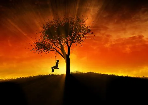 Girl on swing under tree at sunset Illustrazione stock