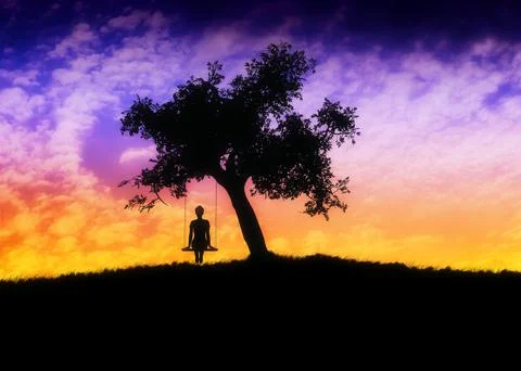 Girl on swing under tree at sunset Illustrazione stock