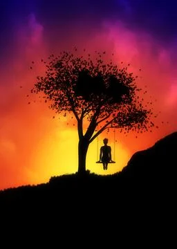 Girl on swing under tree at sunset Illustrazione stock