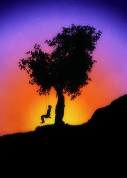 Girl on swing under tree at sunset Illustrazione stock