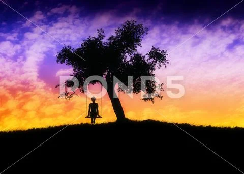 Girl on swing under tree at sunset PSD Template
