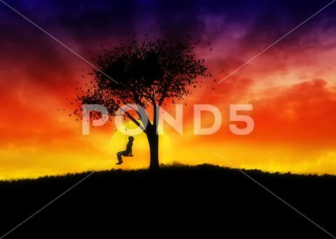 Girl on swing under tree at sunset PSD Template