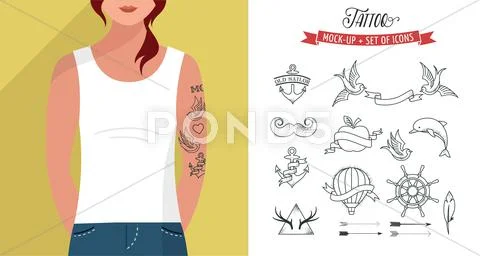 Girl with t-shirt and tattoos set, vector flat template Stock Illustration
