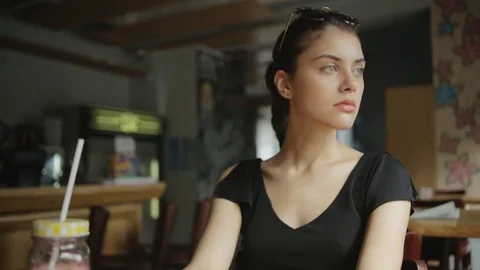 Girl with tablet in cafe Stock Footage 73873001
