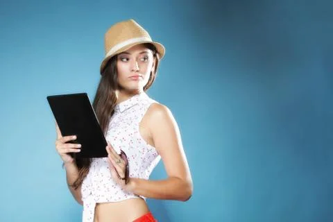 Girl with tablet computer ebook reader touchpad pc Stock Photos