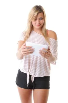 Girl with tablet computer ebook reader touchpad pc Stock Photos