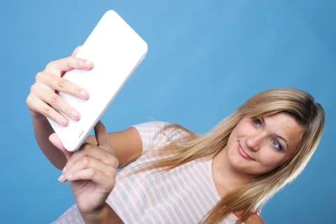Girl with tablet computer ebook reader touchpad pc Stock Photos