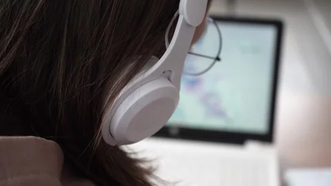 A girl takes notes in a notebook from her laptop. back view Stock Footage 182034623