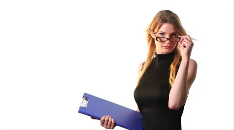 Girl takes notes in slow motion on a white back ground Stock Footage 42139331