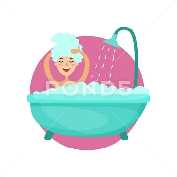 Girl taking a bubble bath and washing her hair, woman caring for