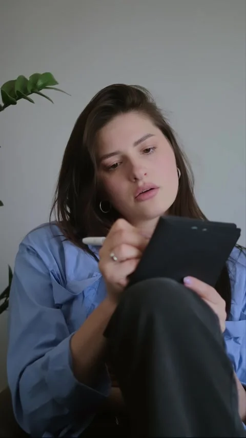 Girl taking notes in a notebook, promoting stationery items, notebooks, planners Stock Footage 276183183