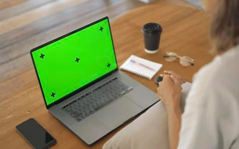 Girl taking notes while looking at computer Green Screen from webinar  Stock Photos
