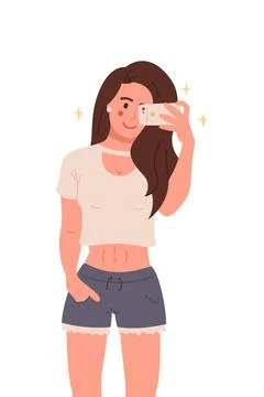 Girl taking a selfie. Vector flat cartoon illustration on white background Stock Illustration