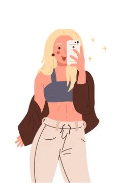 Girl taking a selfie. Vector flat cartoon illustration on white background Stock Illustration