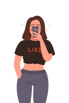 Girl taking a selfie. Vector flat cartoon illustration on white background Stock Illustration