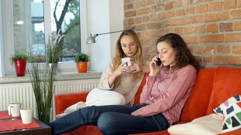 Girl talking on cellphone while her friend browsing internet on smartphone Stock-Footage 70378354