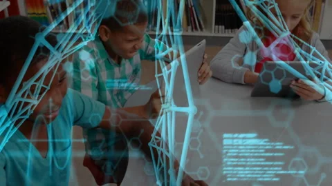 Girl tapping tablet and activating DNA helix overlay while peers coding on Stock Footage 312083067