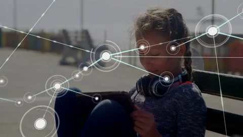 Girl tapping tablet pier starting neon nodes expanding into tech network Stock Footage 332566035