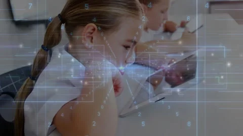 Girl tapping tablet screen and boy using stylus in class launching hologram Stock Footage 310970908