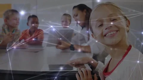 Girl tapping tablet starting node overlay peaking, fading, teacher guiding, girl Stock Footage 334183183