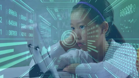 Girl tapping tablet on white tabletop causing holographic data for tech code Stock Footage 310973468