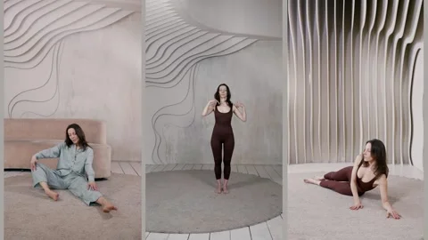 The girl teaches posing using body curves. The slight tilt of the body helps   動画素材 304277211