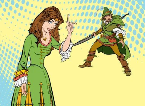 Girl teaching a man. Teaching princess. Lady in medieval dress. Medieval legend Stock Illustration