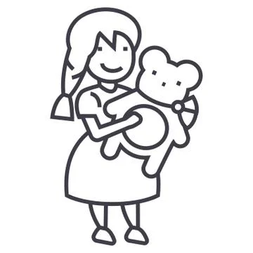 Girl with teddy bear vector line icon, sign, illustration on white background Stock Illustration